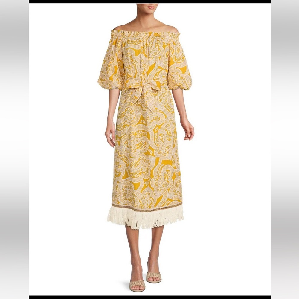 Off-Shoulder Yellow Paisley Midi Dress with Fringe